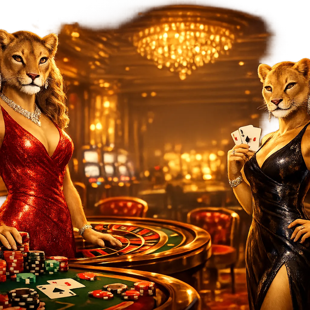 Two elegant anthropomorphic lionesses in evening dresses at a roulette table in a luxurious gold and red casino interior